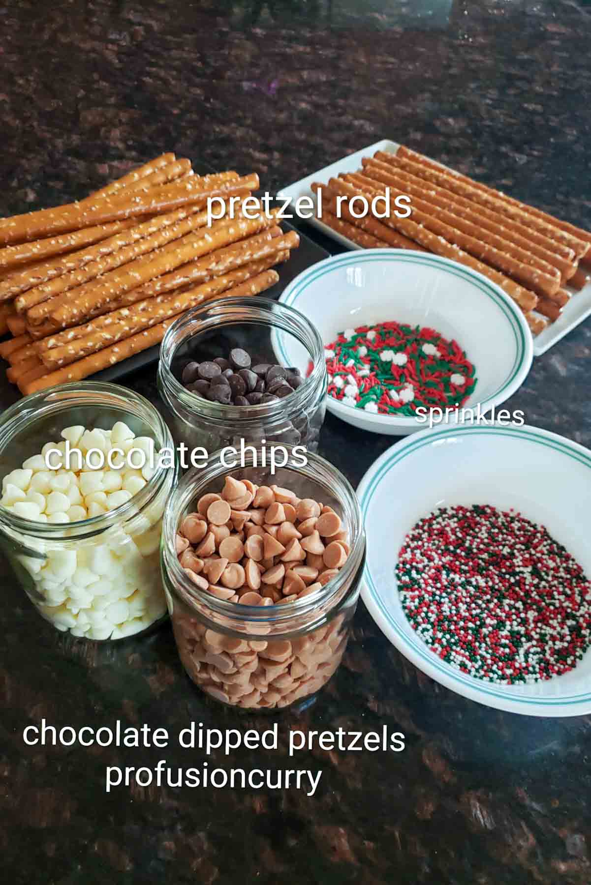 Just 4 simple ingredients used in making Chocolate dipped pretzel rods.