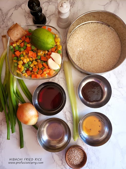 Display of ingredients to make Vegetarian Hibachi style fried rice.