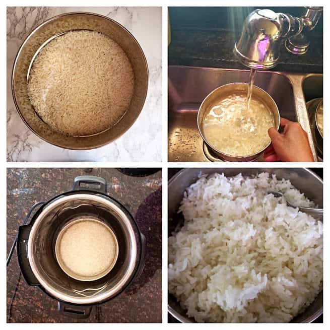 Process steps collage showing how to make Jasmine Rice in Instantpot.