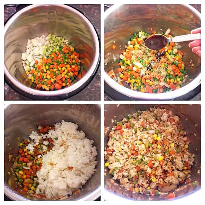 Image collage showing steps in making Hibachi style fried rice in Instantpot.