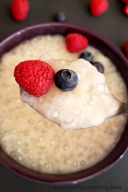 Homemade classic tapioca pudding on a spoon with blueberry and raspberry. This creamy and vegan dessert is profusioncurry recipe.