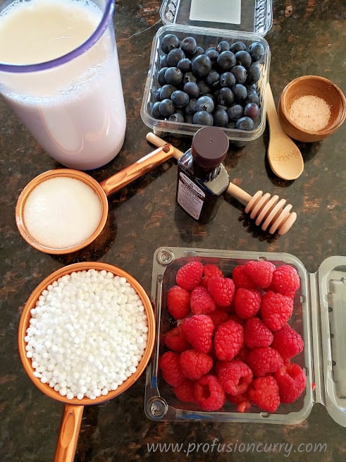 Display of ingredients to make caseade vegan Tapioca Pudding.