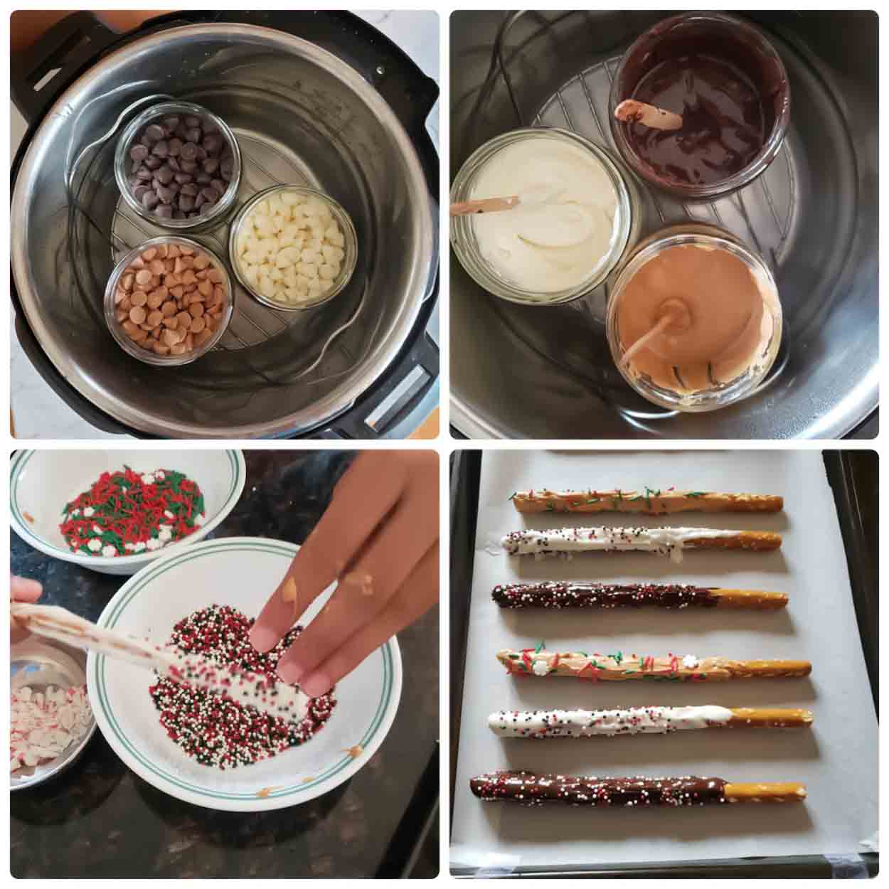 Recipe step-by-step image collage showing how to make chocolate dipped pretzels for holiday gifting.
