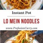 Pinterest image with text overlay for vegetable lo mein noodles made in Instant Pot.
