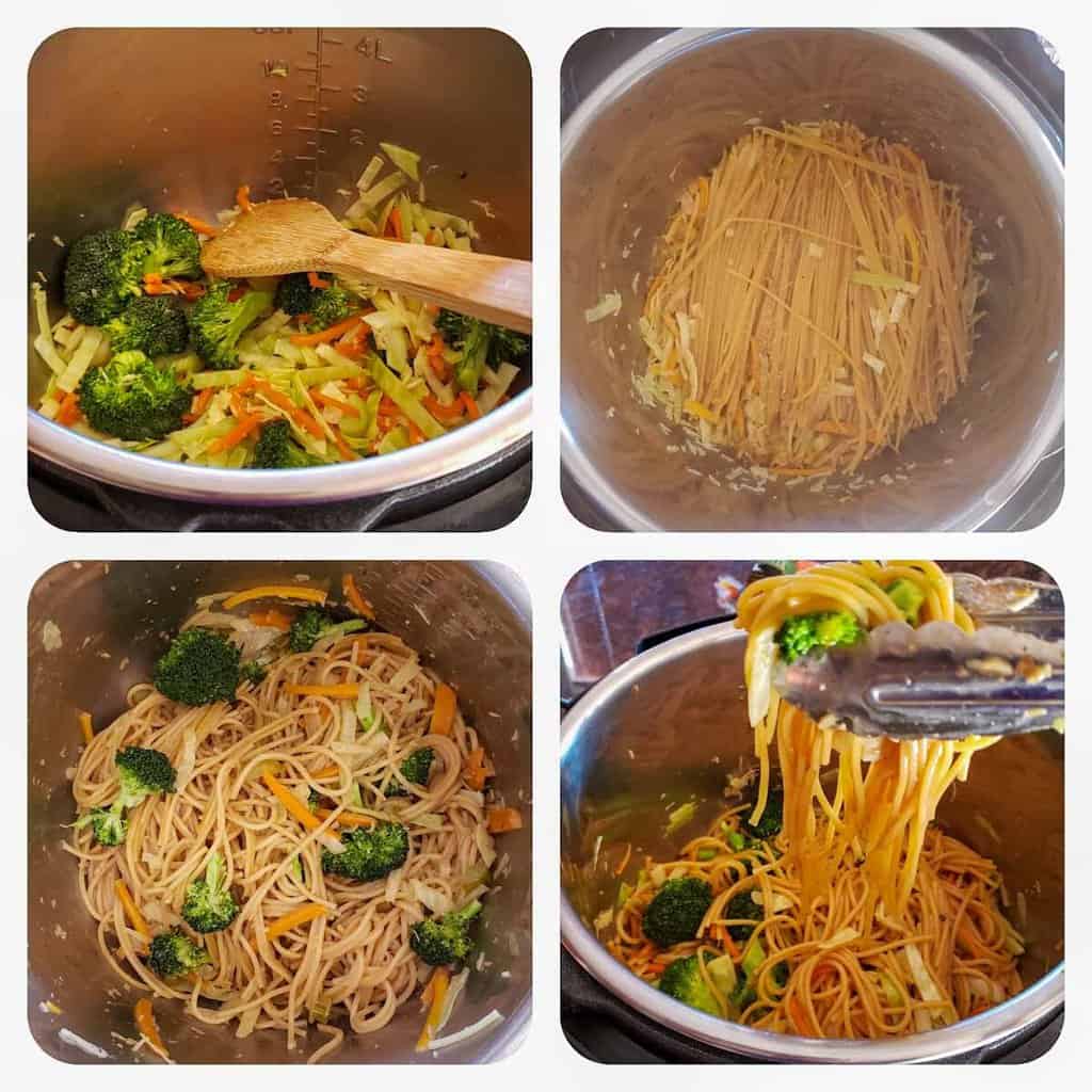 Process step collage to show steps involved in making this Instant Pot Lo Mein Noodles Recipe.