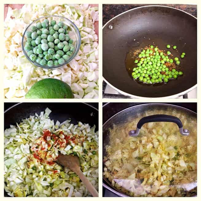 Process shot collage showing steps and ingredients needed to make Turmeric Cabbage Stir fry recipe.