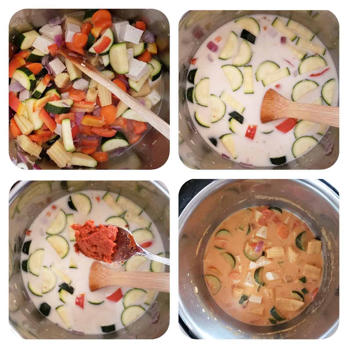 Process step collage showing four major steps involved in making this Thai Curry recipe.
