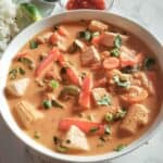 Vegan Thai Red Curry with colorful vegetables and tofu served in a bowl.