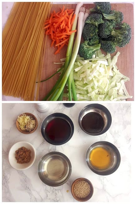 Ingrediets needed to make vegetable lo mein noodles displayed on the countertop. This easy 20 minute profusioncurry recipe can be made in Instantpot or Stove top.