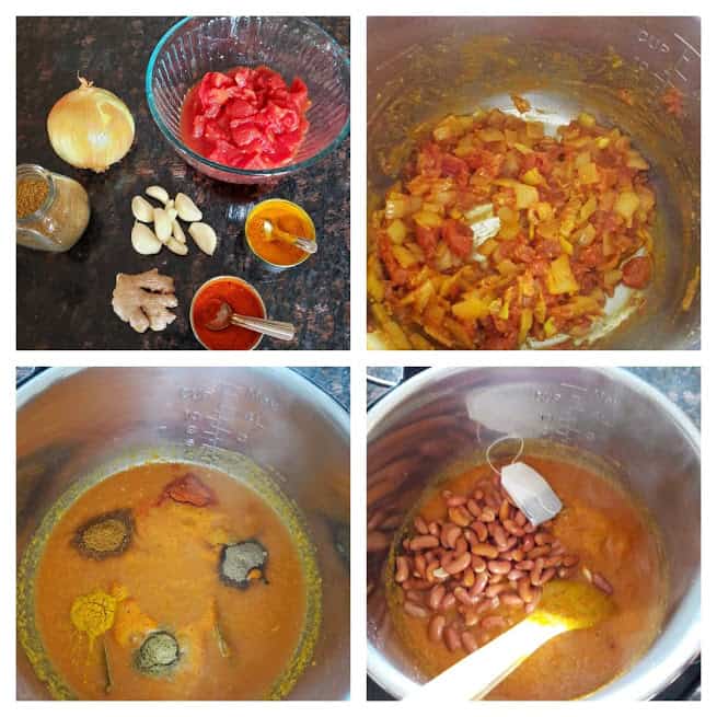 process shot collage displaying 4 major steps in making Rajma Curry in Instantpot. 