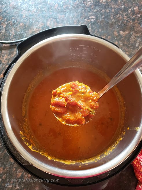 a ladle full of curry and red kidney beans getting scooped out of Instantpot. 