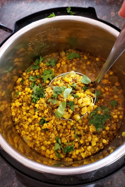 Sprouts curry scooped in a ladle made in pressure cooker. This delicious profusioncurry recipe is wholesome and nutrious and easy.