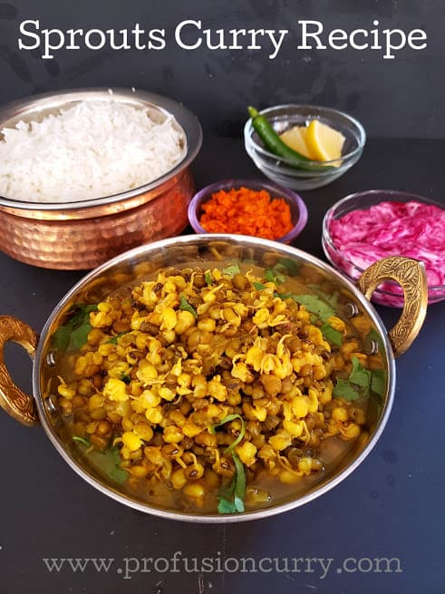 Pinterest image of Sprouts Curry recipe. This delicious Indian curry pairs well with steamed rice, raita and pickle.