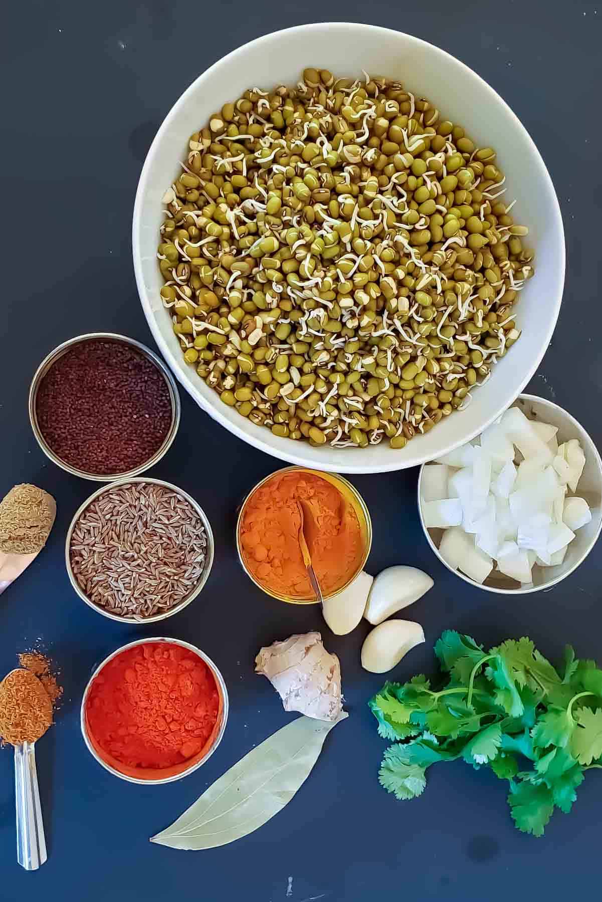 Ingredients used in making vegan, gluten-free and healthy green moong sprouts curry.