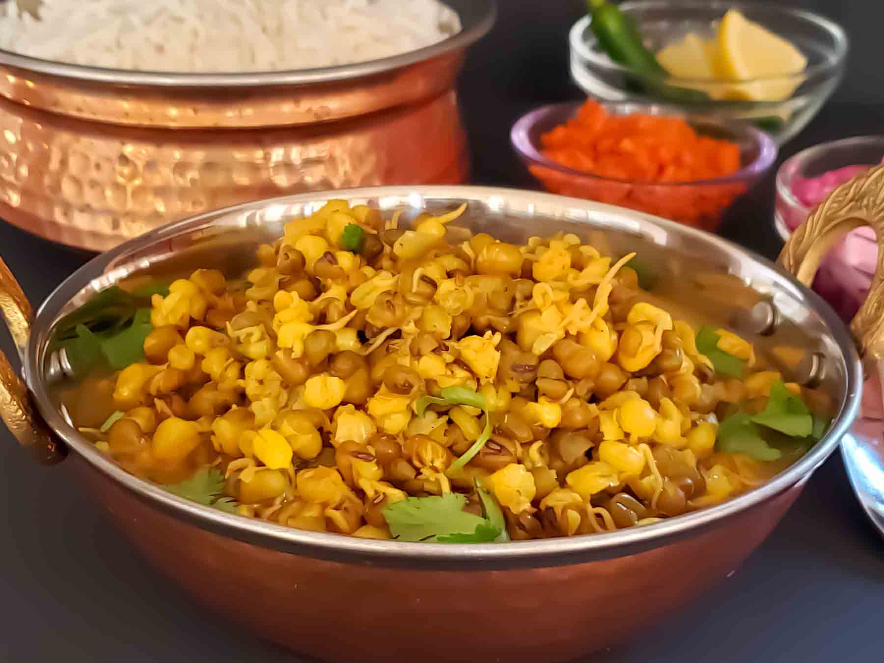 Easy homemade sprouts curry with green mung bean sprouts.