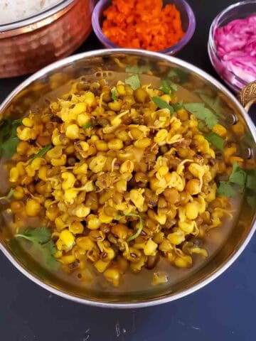 Green moong sprouts curry recipe made in Instant Pot served for wholesome vegan Indian dinner.