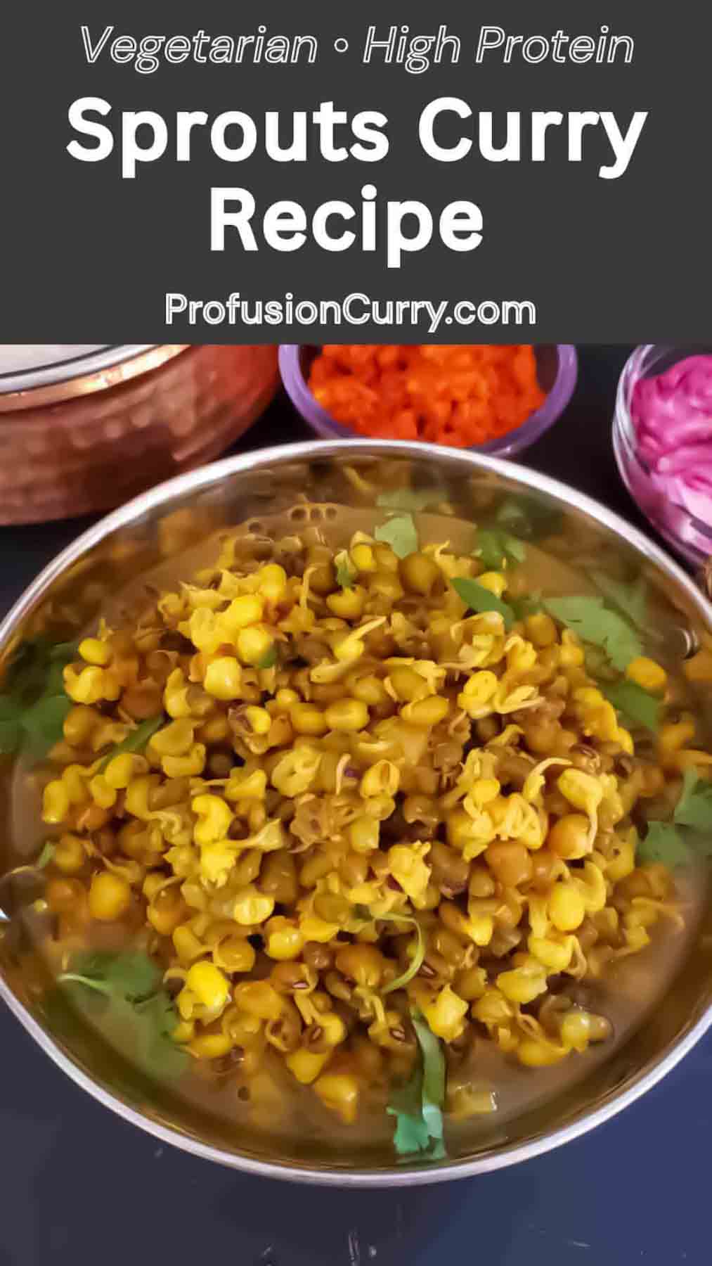 Close-up of vegan sprouts curry in a serving bowl with cilantro garnish.