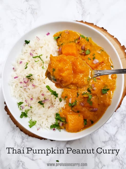 Thai pumpkin peanut curry served with steamed white rice in a white dinner bowl. a spoon holding the pumpkin piece coated with creamy curry sauce. 