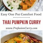 Pinterest image with text overlay for Thai Pumpkin Curry Recipe.