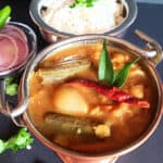 Showing the close up view of vegetable Sambar . This thick and delicious stew pairs well with steamed rice.