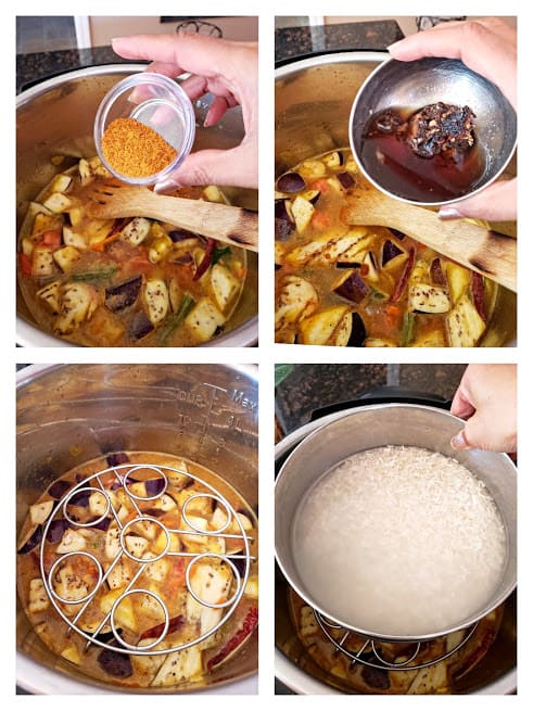 process step collage showing how to make rice and sambar in stackable containers in Instantpot or other electric pressure cooker.