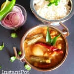 vegetable Sambar with rice served in copper containers pinterest image