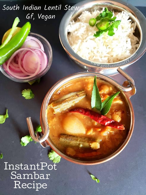 vegetable Sambar with rice served in copper containers pinterest image