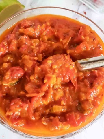 Cherry tomato chutney is vegan and gluten free condiment made with summer garden fresh cherry tomatoes and spices.