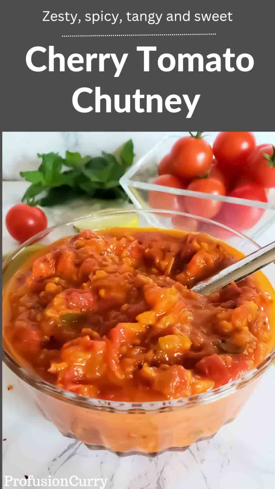 Pinterest pin image for vegan and gluten free cherry tomato chutney recipe.