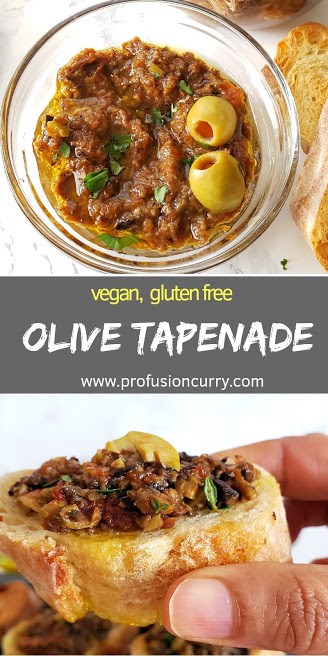 Pinterest image for Easy Vegan Olive Tapenade Recipe.