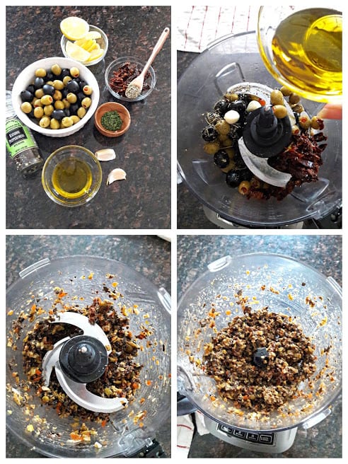 Process shot collage of olive tapenade ingredients and blending process.