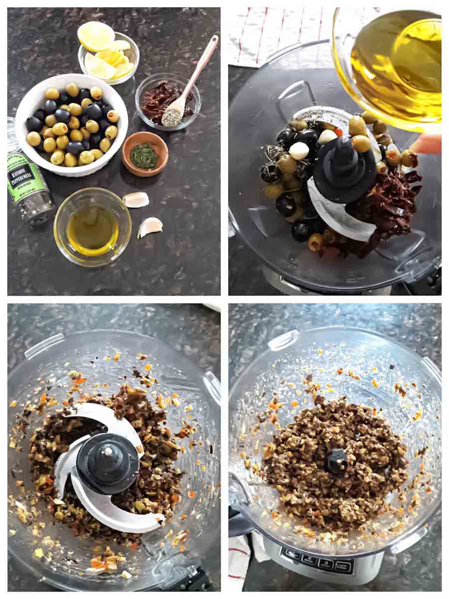 Process step collage showing how to make olive tapenade recipe in food processor. 