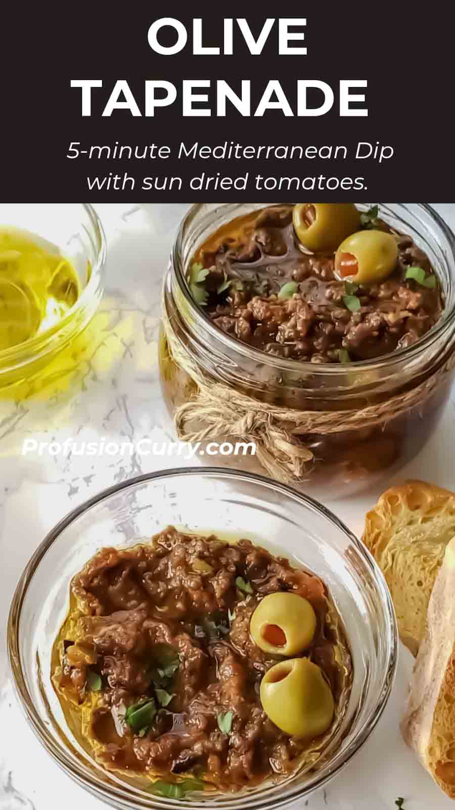 Social media image for olive tapenade recipe with sun-dried tomatoes. This Mediterranean olive tapenade without anchovies is vegan and gluten-free appetizer dip full of umami flavors.  