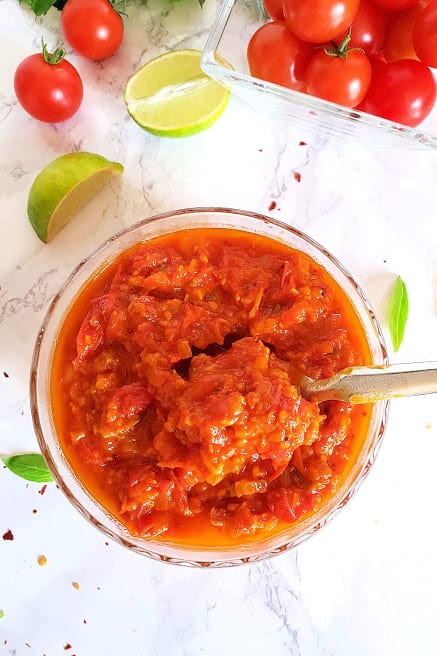 overhead shot of tomato chutney container.