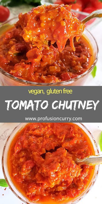 pinterest image with two photo collage for tomato chutney recipe.