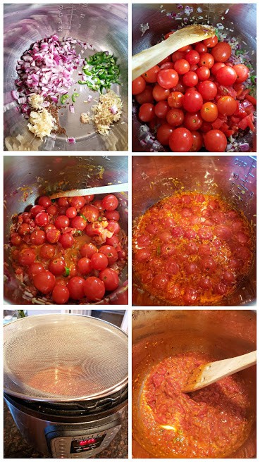 process shot collage to show steps involved in making Instantpot Tomato Chutney Recipe.