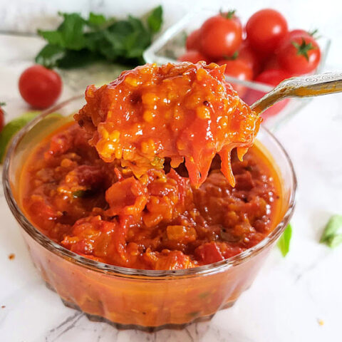 a spoon scooping the tomato chuney for serving.