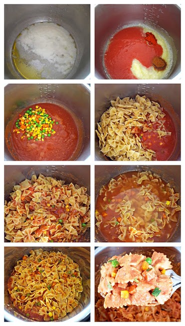 Process shot collage showing steps invloved in making Makhani Masala Pasta in Instantpot.