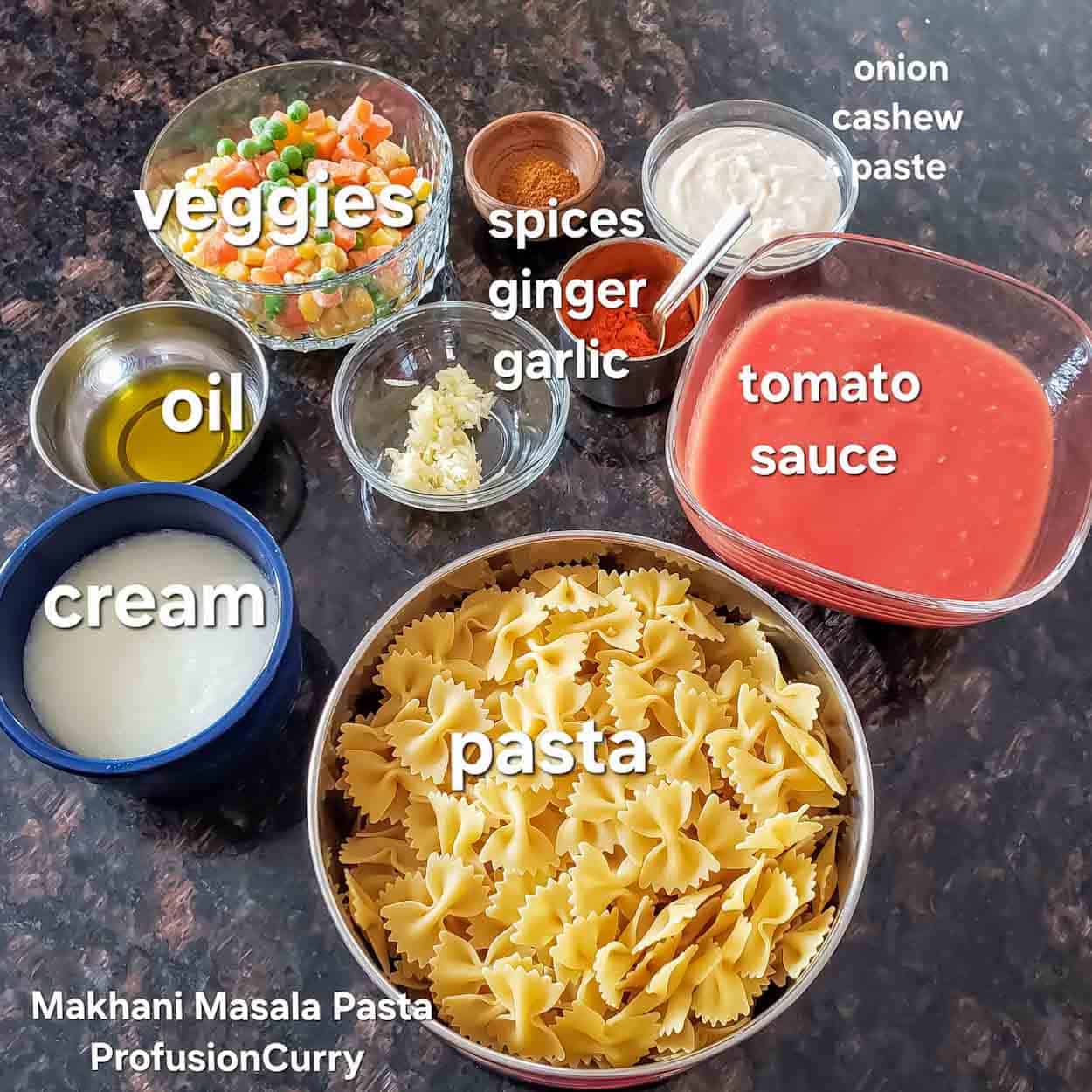 Ingredients to make Indian Italian creamy pasta.