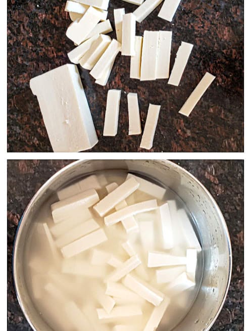 a picture collage showing two images of long stripes of panner and a bowl of paneer soaked in warm water. SOaking in warm water helps paneer stay soft in cooking.