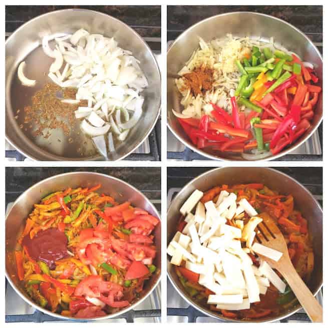 Process shot collage showing four steps involved in making Vegetarian Paneer Jalfrezi