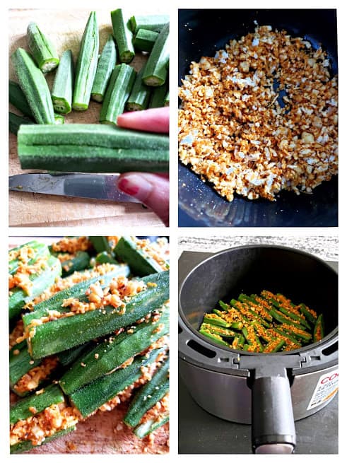 process shot collage showing steps involved in making Airfryer crispy okra recipe.