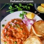 One pot Pav Bhaji recipe with mashed vegetables served with toasted buttery pav.