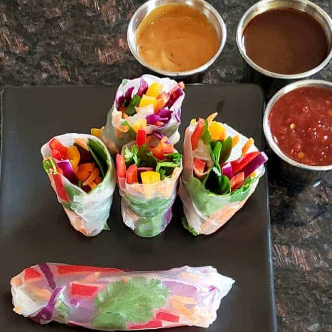 Fresh Vegetable Vietnamese Spring Rolls are served along with different dipping sauces. This delicious and beautiful Profusioncurry recipe is a must for summer and spring lunches. 