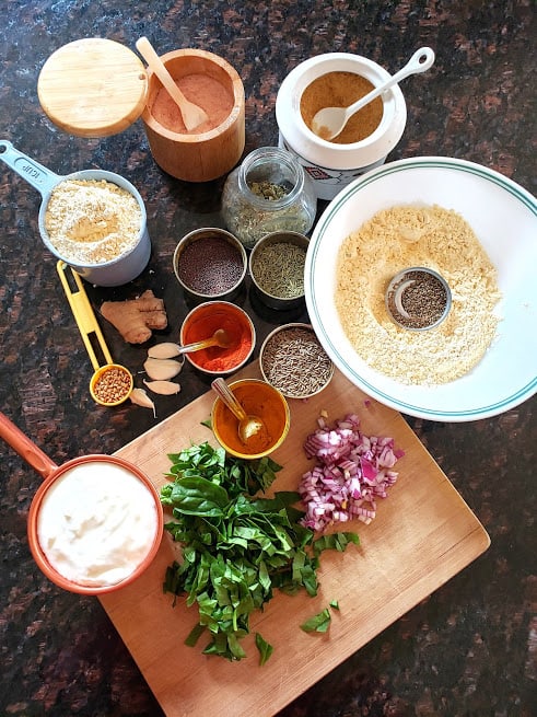 Ingredient needed to make Kadhi and pakoras displayed