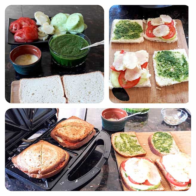 Process step collage showing steps involved in making this bombay sandwich or toast sandwich recipe.