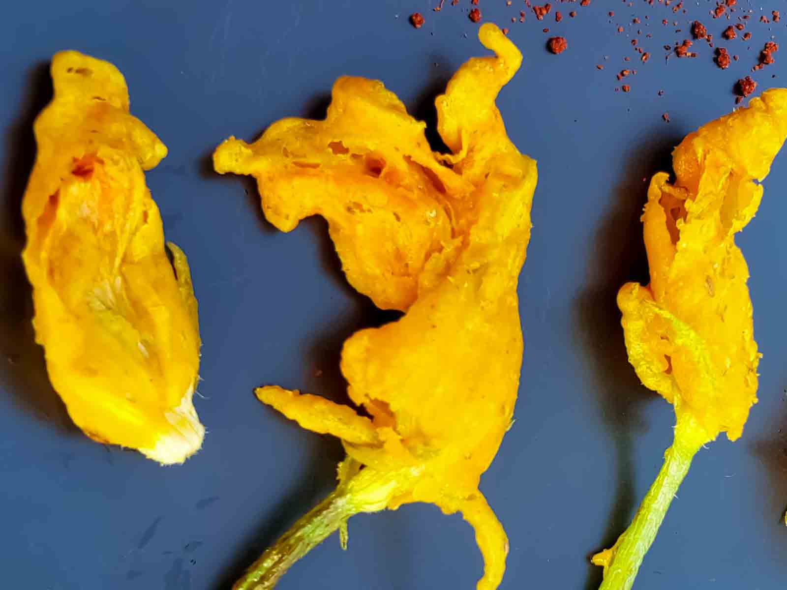 Zucchini flowers recipe made by frying zucchini blossoms with chickpea flour and spices. 