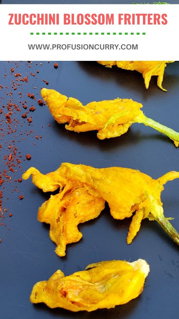Pinterest image showing fried zucchini blossoms served with chutney.