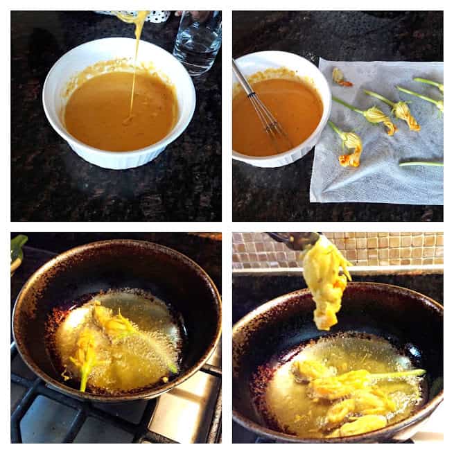 Process shot collage showing steps invloved in making zucchini flower pakoras