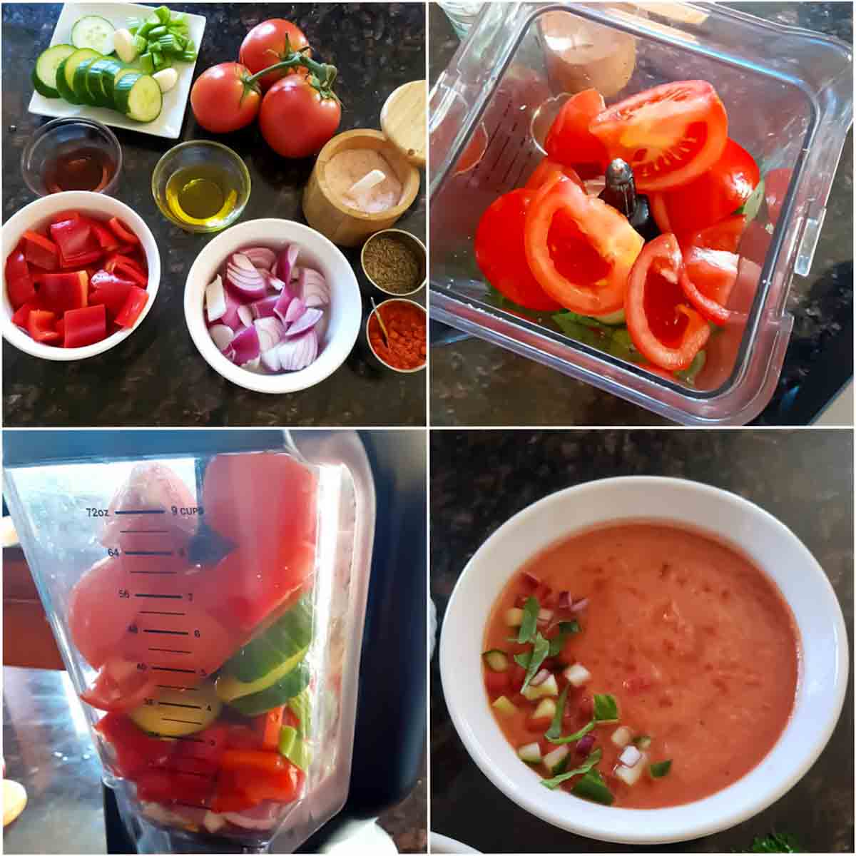 Healthy vegan gazpacho recipe blended with ripe tomatoes and colorful summer vegetables. Recipe making step by step collage.